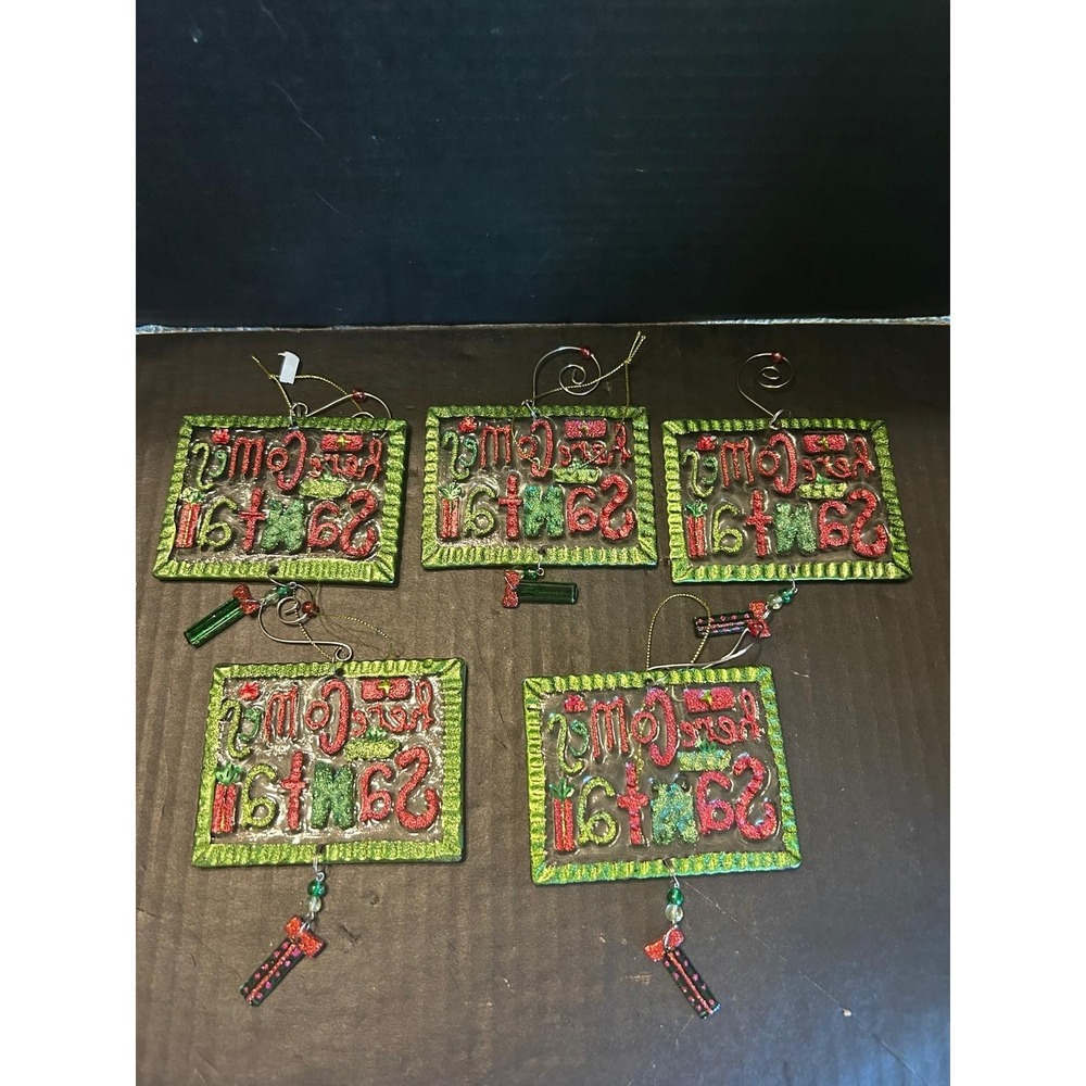 Lot Of 5 Painted Glitter Glass Here‎ Comes Santa Ornaments